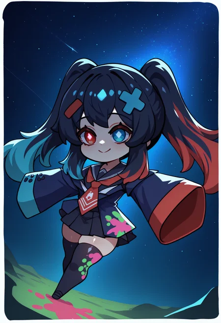 masterpiece, best quality, newest, absurdres, highres, 1girl, NntndSwtch, personification, two-tone hair, multicolored hair, long hair, twintails, red hair, blue hair, black hair, heterochromia, red eyes, blue eyes, hairclip, star hair ornament, school uniform, red necktie, black sailor collar, sleeves past wrists, sleeves past fingers, long sleeves, red sleeves, blue sleeves, black sleeves, serafuku, zettai ryouiki, black skirt, pleated skirt, paint splatter, black thighhighs, <lora:NintendoSwitchchan_illusXLNoobAI_Incrs_v1-000012:1>, <lora:style_onmyoji_illustriousXL-GLoRA:1.2> onmyojistyle, chibi, white border, diamond-shaped pupils, outdoors, solo, full body, black footwear, night, night sky, glowing, high contrast, starry sky, wide shot, dynamic pose, smile, dutch angle,