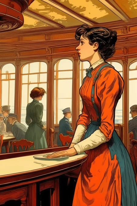 <lora:Luc Schuiten Style:1>Luc Schuiten Style - Italian girl in 1914 looking at something inside the dinning room of a transatlantic passenger ship. Detailed. Colorful. High quality modern comic illustration.