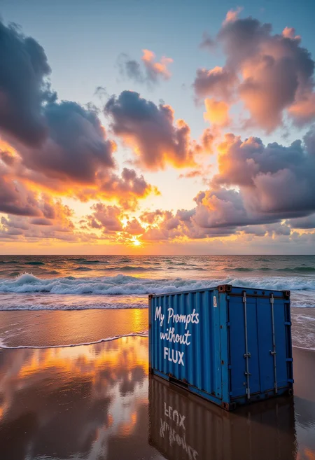 Realistic, photo, Dramatic clouds rolling in from the sea, casting shadows over a beach at sunrise, vibrant hues of orange painting the sky, a blue container washed up on the beach, (((on side of the container is writing text: " My Prompts without FLUX"))), hyperrealistic landscape, cinematic lighting, detailed textures, masterpiece digital painting by Ivan Aivazovsky and Claude Monet, 8k resolution, tranquil atmosphere, beautiful scenery.High Detail, Perfect Composition