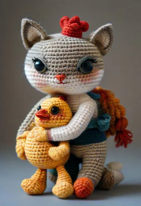 a cat lovingly hugging a chicken, by saint exupery, crocheted style