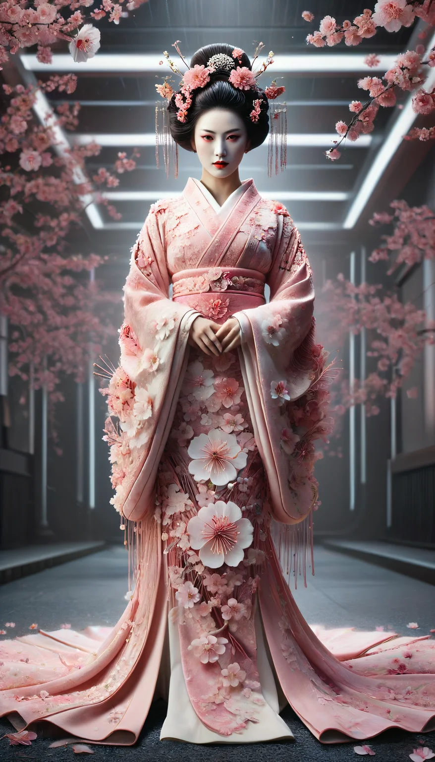 highly detailed, realistic, fine fabric detail, absurdres, highly-detailed, best quality, masterpiece, very aesthetic, A photorealistic image of a corrupted Geisha made of sakura in a futuristic japanese setting. ((futuristic japanese background))