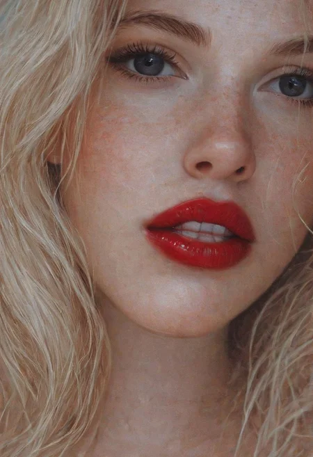 Highly detailed portrait of woman, black eyes, black hair, red lips