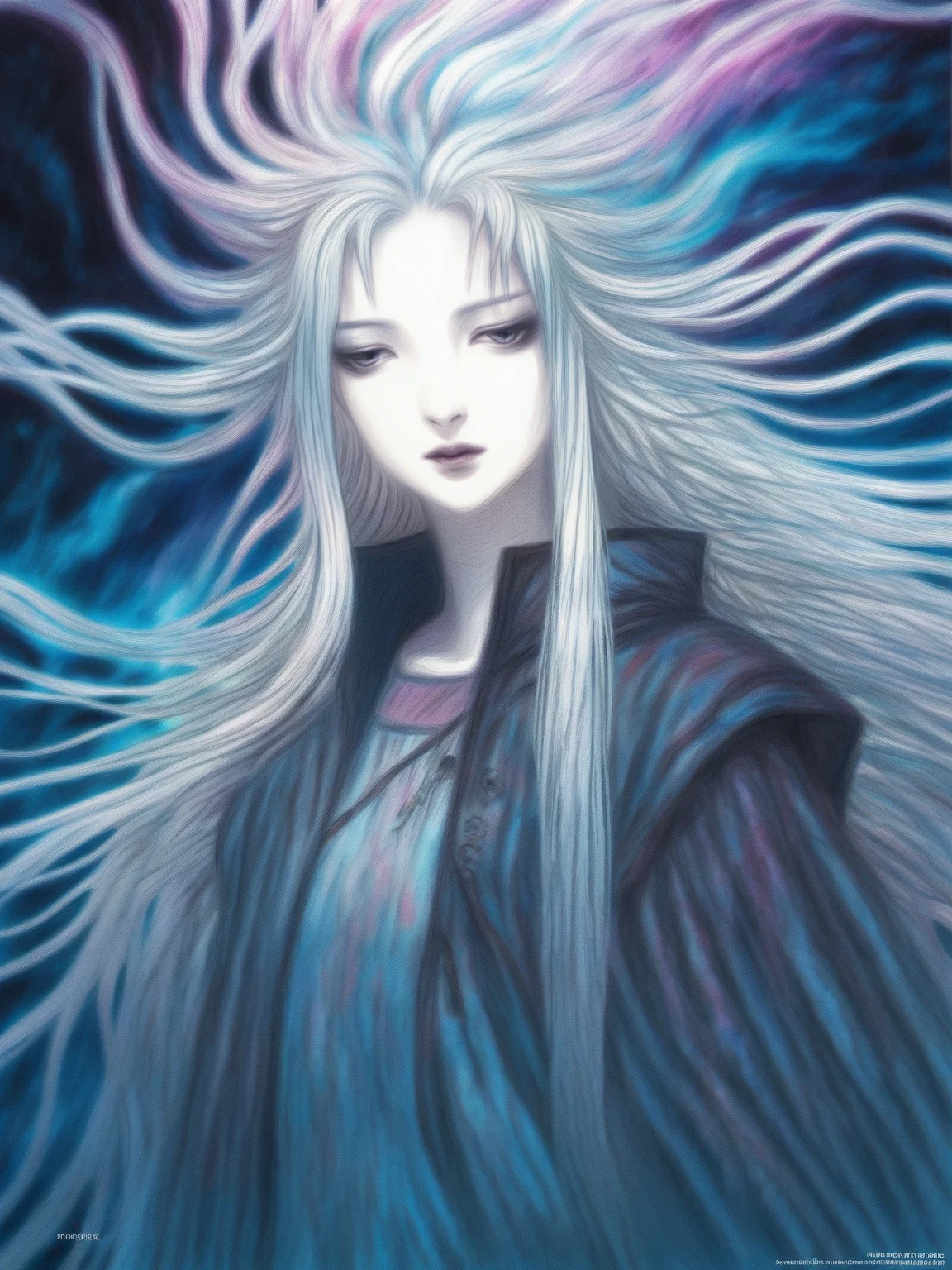 amano yoshitaka, 1girl, (dark dim dramatic atmosphere)+ 8k portrait of a girl with super long aurora hair, hair dissolving+ into bright stars, in drip modern clothing, intricate, highly detailed, digital painting, smooth, sharp focus, ((masterpiece, best quality)), 8k, intricate detail, cinematic lighting, amazing quality, amazing shading, Detailed Illustration, wallpaper, official art,  <lora:amano_yoshitaka_xl:1>