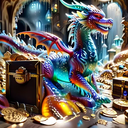 1dragon, highly detailed blue dragon, blue dragon made out of slime, scaly blue slime dragon, slime dragon with red eyes, blue slime dragon laying in its hoard, blue slime dragon with wings, dragon wings,
multi-colored gems made out of slime, in a room of treasure made out of slime, gold coins and bars made out of slime, wood-like treasure chest made out of slime, wood-colored slime chest, individual coins made out of slime, gold slime coins, piles of coins,
treasure-room, treasure, treasure chest, gemstone, coins, gold bars, gold pile,
everything made of slime, No simple background,
((translucent slime)), ((transparent slime)), (bioluminescent slime), sl1m3, slime, ais-blmn, watce, je11y, thickwater, great lighting, ral-lava, even lighting, no bright spots,
