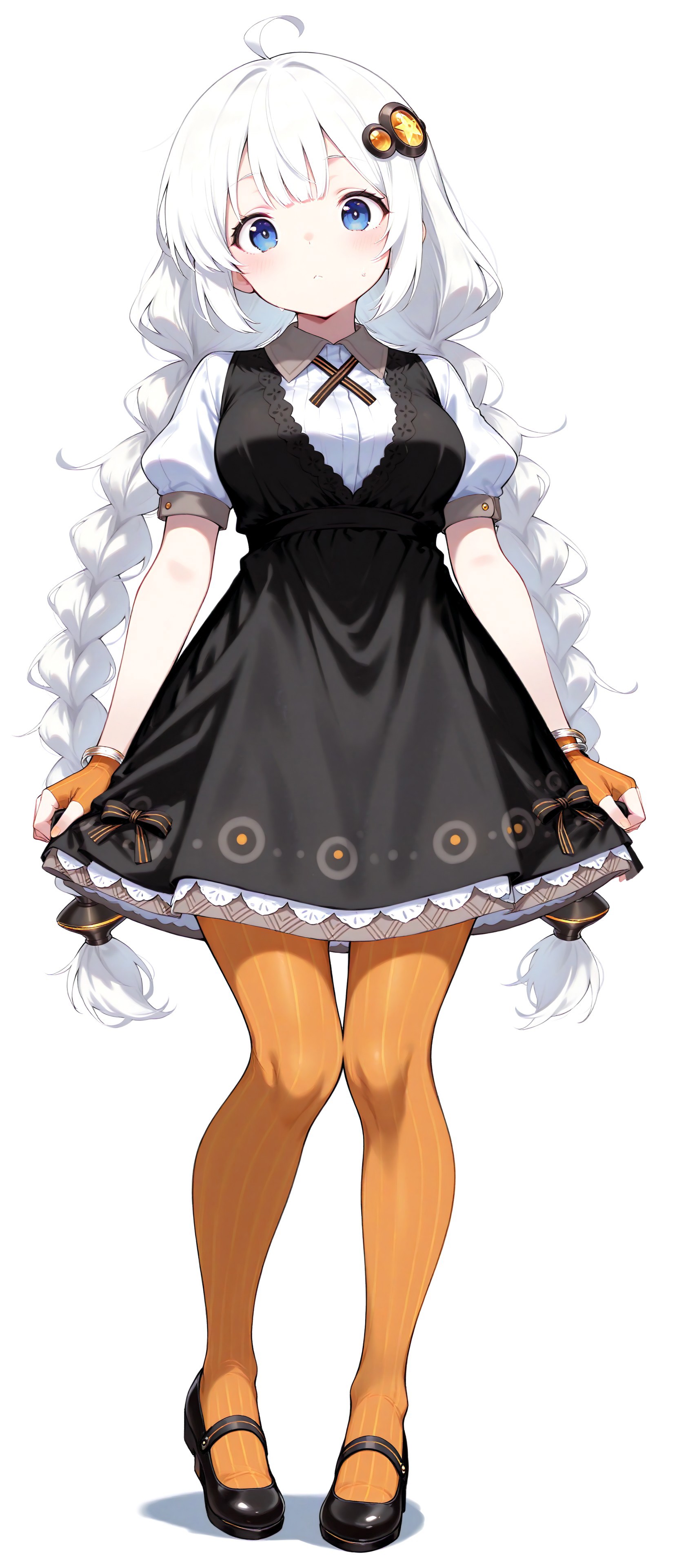 ((((((masterpiece)))))), ((((((best quality)))))), ((((((very aesthetic)))))), ((((((absurdres)))))),  masterpiece, best quality, absurdres, facing viewer, hair ornament, black dress, short sleeves, striped legwear, pantyhose, full body, 
1girl, Kizuna Akari, white hair, blue eyes, braid,