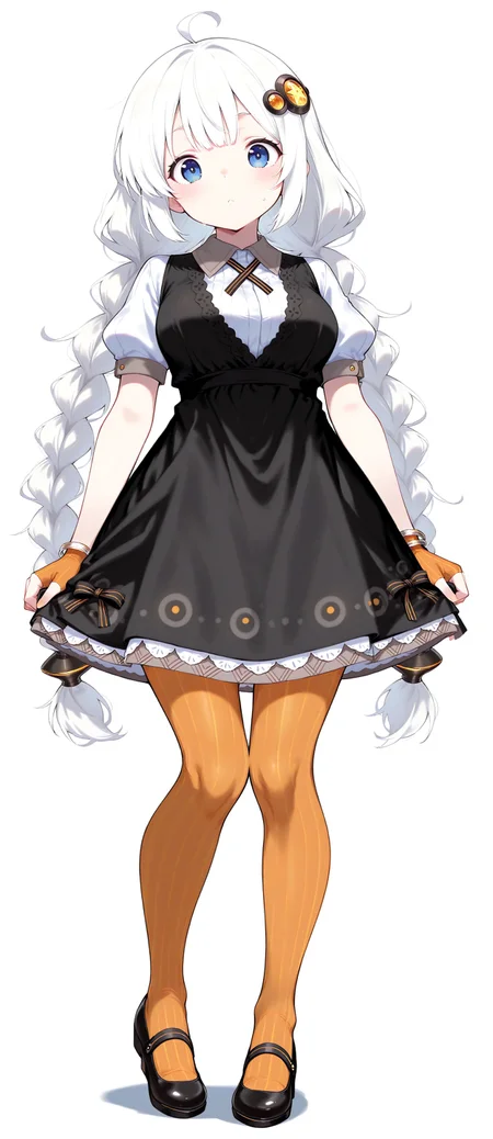 ((((((masterpiece)))))), ((((((best quality)))))), ((((((very aesthetic)))))), ((((((absurdres)))))), masterpiece, best quality, absurdres, facing viewer, hair ornament, black dress, short sleeves, striped legwear, pantyhose, full body,
1girl, Kizuna Akari, white hair, blue eyes, braid,