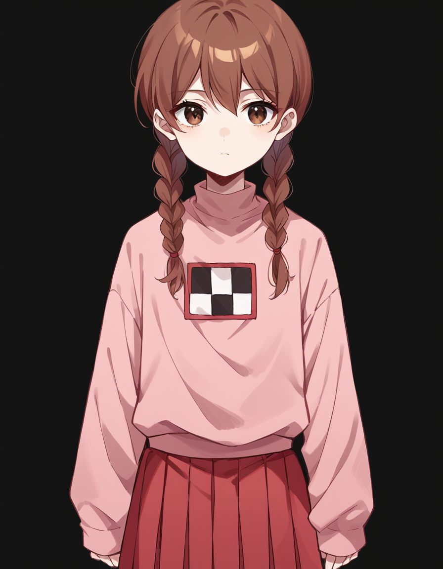 score_9, score_8_up, score_7_up, source_anime,
madotsuki, <lora:madotsuki-ponyxl-lora-nochekaiser:1>,
madotsuki, braid, hair over shoulder, long hair, twin braids, twintails, brown hair, brown eyes,
long sleeves, pink sweater, pleated skirt, red skirt, skirt, sleeves past wrists, sweater,
simple background, black background,
solo, looking at viewer, cowboy shot, straight-on,