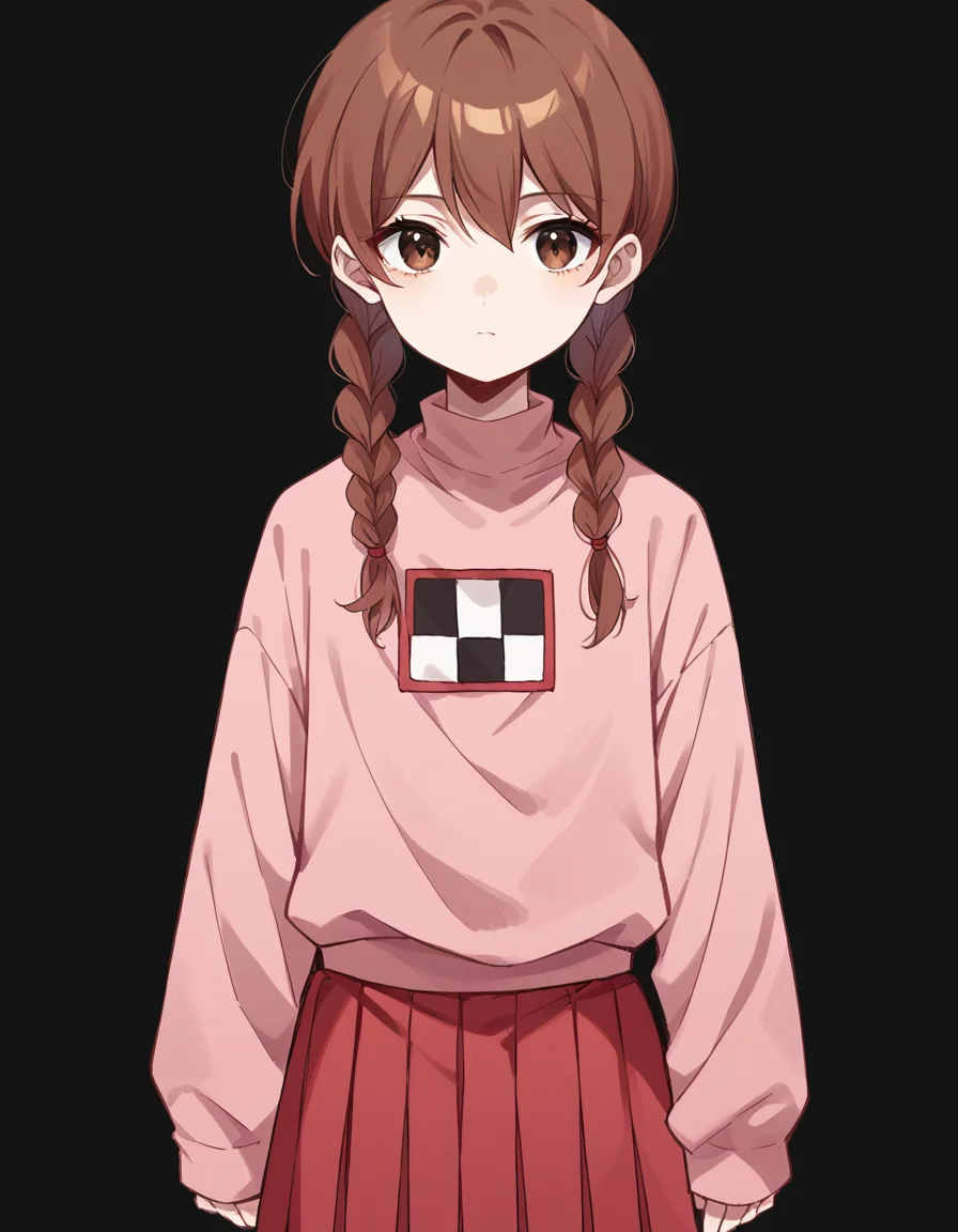 score_9, score_8_up, score_7_up, source_anime,
madotsuki, <lora:madotsuki-ponyxl-lora-nochekaiser:1>,
madotsuki, braid, hair over shoulder, long hair, twin braids, twintails, brown hair, brown eyes,
long sleeves, pink sweater, pleated skirt, red skirt, skirt, sleeves past wrists, sweater,
simple background, black background,
solo, looking at viewer, cowboy shot, straight-on,