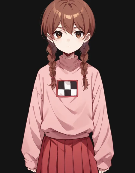 score_9, score_8_up, score_7_up, source_anime,
madotsuki, <lora:madotsuki-ponyxl-lora-nochekaiser:1>,
madotsuki, braid, hair over shoulder, long hair, twin braids, twintails, brown hair, brown eyes,
long sleeves, pink sweater, pleated skirt, red skirt, skirt, sleeves past wrists, sweater,
simple background, black background,
solo, looking at viewer, cowboy shot, straight-on,
