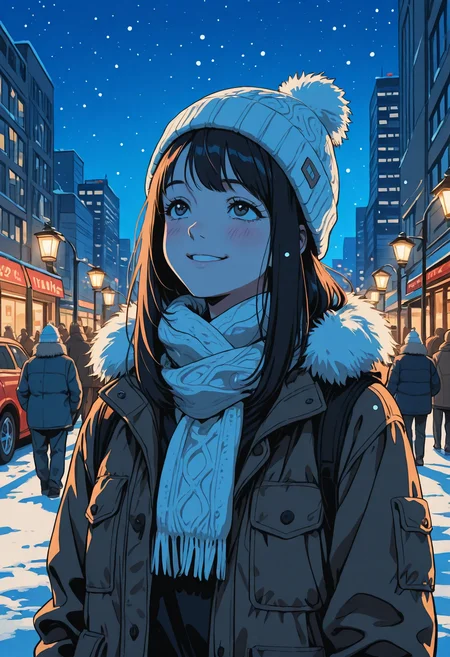 masterpiece,best quality,amazing quality,very aesthetic,absurdres,newest,detailed eyes,32k,ultra detailed, 1girl, knitted beanie, scarf, winter, night, street lantern light, look at snow, look up, blushing, snow on beanie, cute smirk, winter coat, fur collar, detailed background, complex environment, city life on background, cars, crowd, city park landscape, romantic mood, slice of life, tokyo lifestyle, manga style, sketch art style, flat anime illustration, cute, elegant, high aesthetic, slighlty aside, ma1ma1helmes_b_illu, sinozick_illu, s4bit4mago_illu, retro_artstyle, <lora:ma1ma1helmes_b:0.2> <lora:ponyv6_noobV1_2_adamW:0.3> <lora:Sinozick_style:0.15> <lora:S4bit4mago:0.25> <lora:retro_scifi_artstyle:0.35>