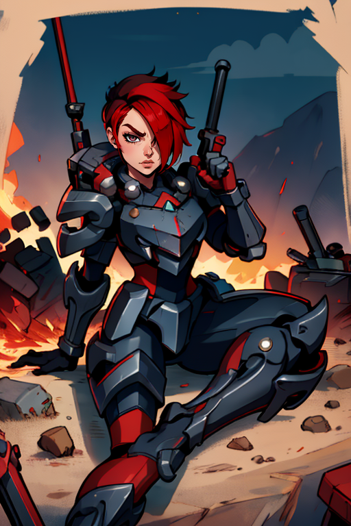 masterpiece,best quality,extreme detail,8k,image sharpness,<lora:ash:0.8>,ash2,1girl,solo,looking at viewer,short hair,sitting,weapon,red hair,multicolored hair,armor,hair over one eye,gun,over shoulder,weapon over shoulder,power armor,