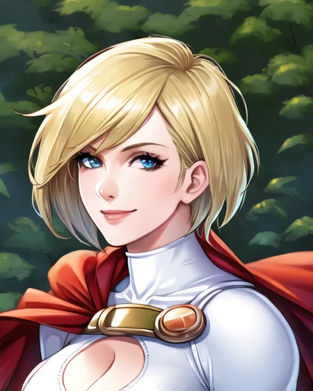 masterpiece, best quality, 1girl, solo, powergirl-8100, blue eyes, garden, (((portrait))), cartoon, closed mouth, anime, perfect face, (cape), arms behind back, turtleneck, seductive smile, realistic, comic, white bodysuit, upper body,