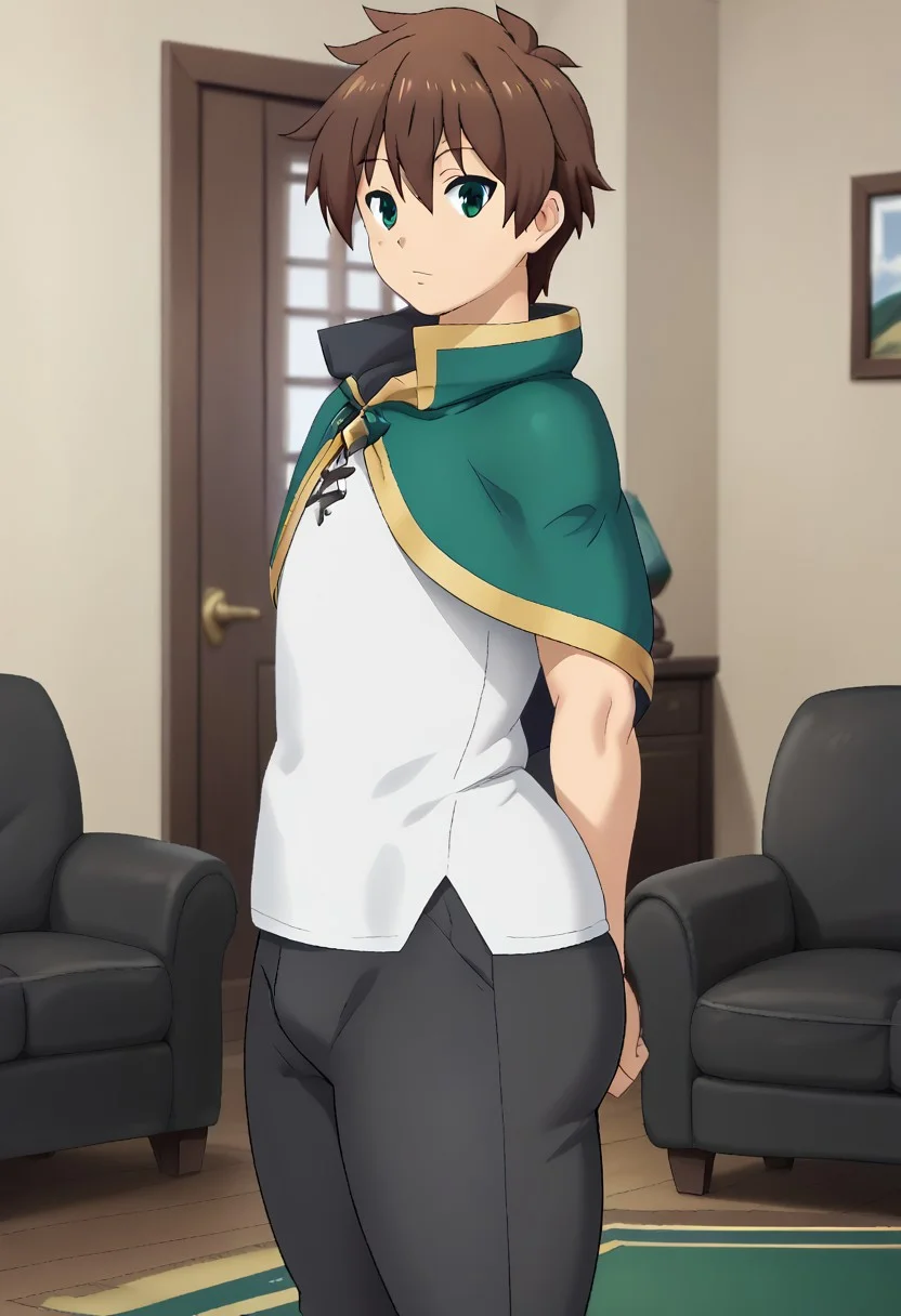 1boy, solo, male focus, kazumasatou, brown hair, green eyes, short hair, bangs, hair between eyes, white shirt, black pants, green capelet, looking at viewer, from side, big ass, thick thighs, living room, portrait, perfthig, thick thighs, wide hips, curvy, plump, thin arms, narrow shoulders, petite