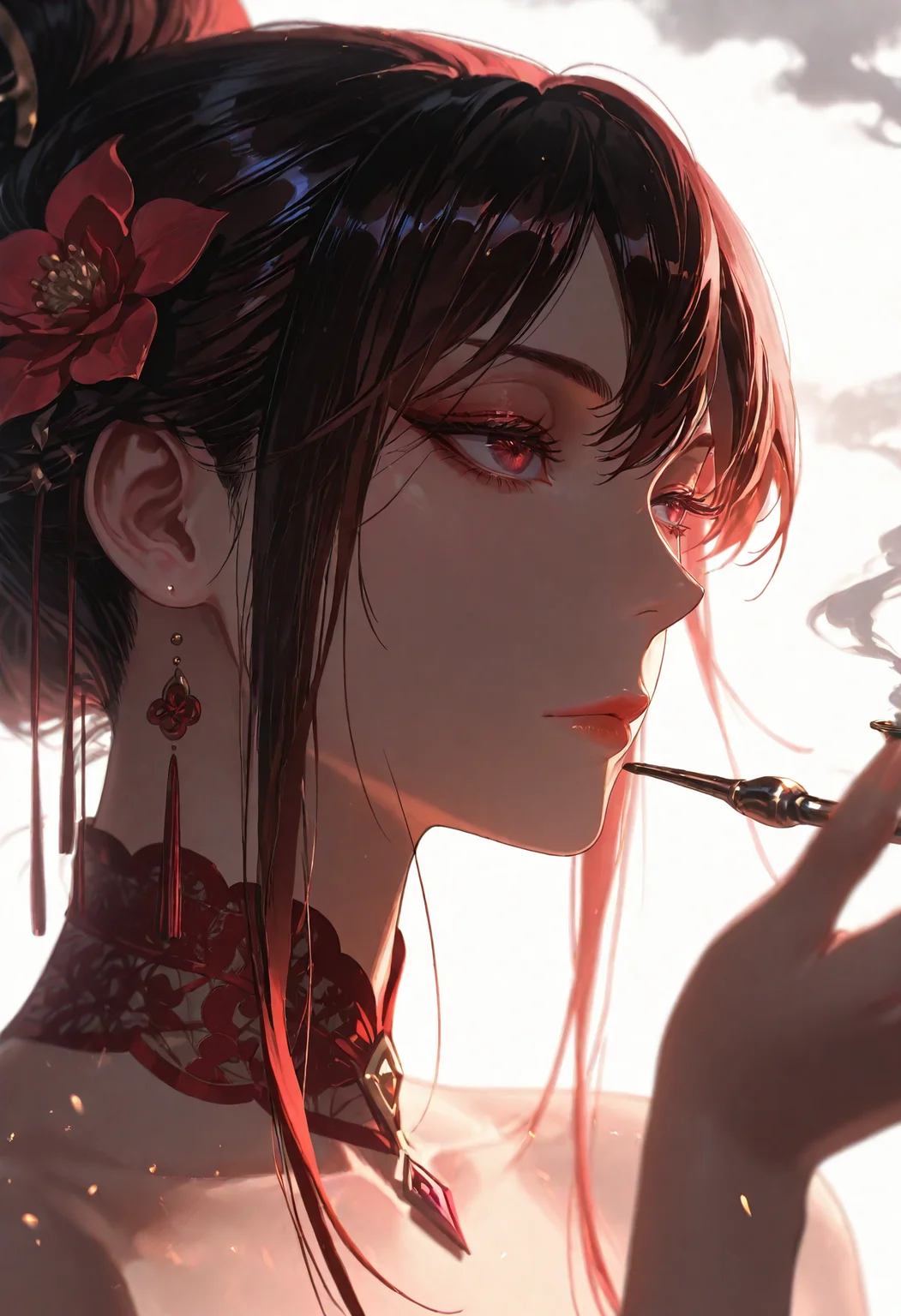 1girl, Chan Hongyi, border,expressionless,flower,hand up,holding,holding smoking pipe,hyur,kiseru,lace collar,portrait,smoke,smoking,smoking pipe,solo, white background,
(Smooth Quality - Illustrious:0.8), masterpiece,best quality,amazing quality, absurdres, (impressionism), ultra-HD, 8k, fit body, highest quality, volumetric lighting, (cinematic composition:1.3), (sharp focus:1.2), (depth of field:1.2), (adult), wide eyes, (mature female:1.2), very aesthetic, smooth image, action lines, motion lines, motion blur, (detailed face and eyes:1.3),
<lora:illustrious_quality_modifiers_masterpieces_v1:0.6> <lora:ponyv4_noob1_2_adamW:0.4> <lora:FINALE:0.4> <lora:I_Am_The_Fated_Villain:0.6> <lora:g0thicILL:0.4> <lora:USNR STYLE_XL_loha:0.3>