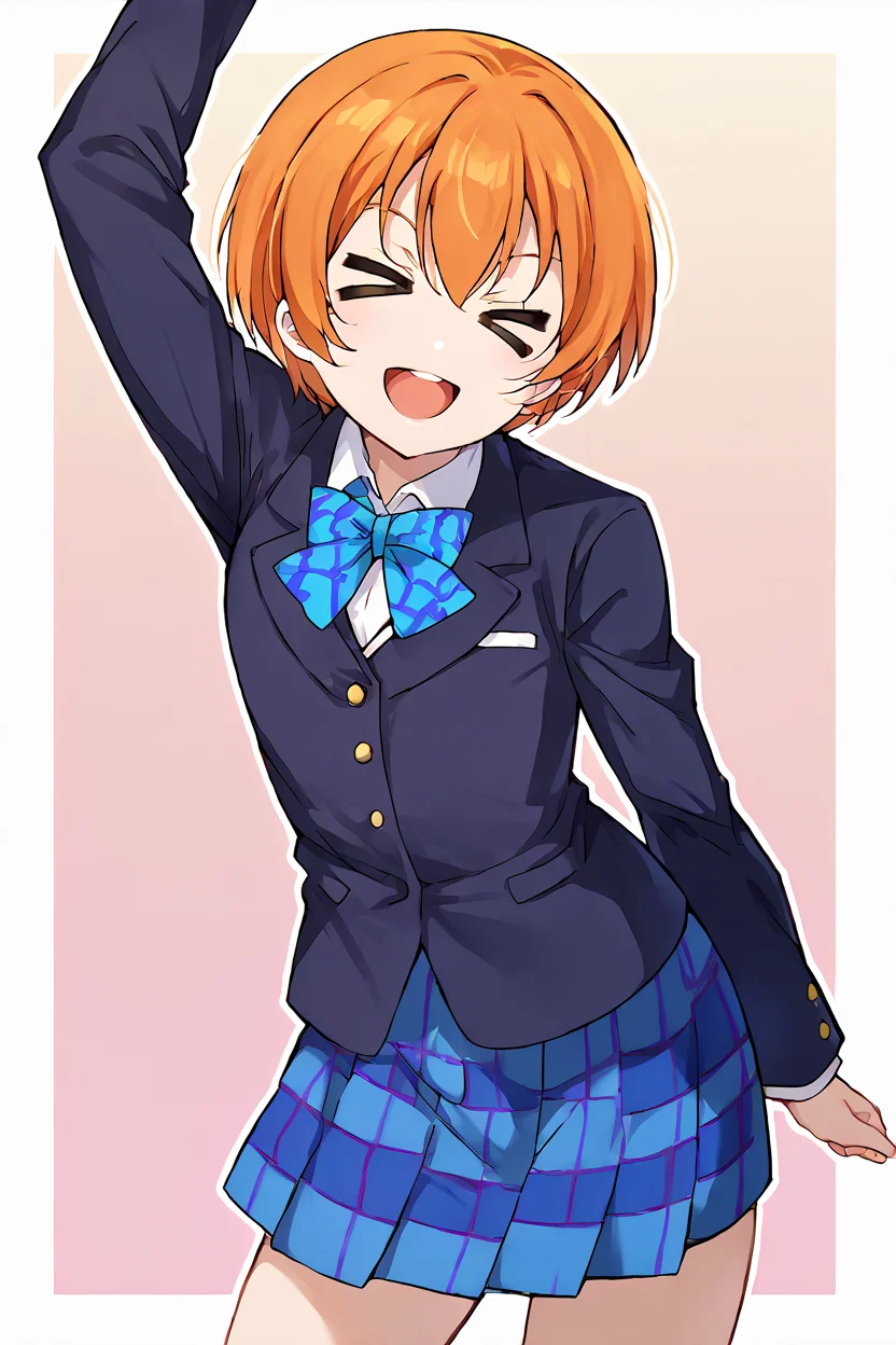 score_9, score_8_up, score_7_up, source_anime BREAK 1girl, solo, lovelive_rin <lora:lovelive_rin:1> 150cm taller, cowboy shot, arm up, school uniform, blue plaid skirt, black blazer, blue bowtie, orange hair, short hair, yellow green eyes, looking at you, smile, > <, closed eyes, open mouth, <lora:Excitement_Expression_XLPD:1.8>