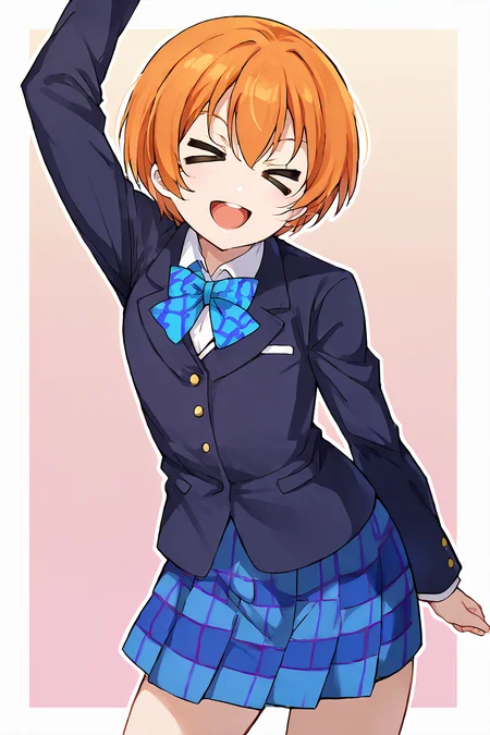 score_9, score_8_up, score_7_up, source_anime BREAK 1girl, solo, lovelive_rin <lora:lovelive_rin:1> 150cm taller, cowboy shot, arm up, school uniform, blue plaid skirt, black blazer, blue bowtie, orange hair, short hair, yellow green eyes, looking at you, smile, > <, closed eyes, open mouth, <lora:Excitement_Expression_XLPD:1.8>