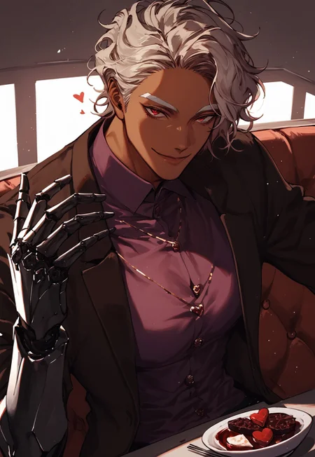 safe_pos, safe_pos, score_9, score_8_up, score_7_up, anime, best quality, 30 years old, big, brown skin, 1male, white blond eyebrows, styled hair, short hair, white blonde hair, brown skin, handsome, Roman nose, toned, red eyes
, wavy hair, hair back, Hair combed back,
,
Android, robotic arms, black robotic parts, 

dynamic pose, expressive, dynamic angle,
,
love, pov, looking at the viewer, close up, dramatic angle, dutch angle, fisheye, closed mouth,
,
seductive smile, sitting on couch, looking at you, flirty, bright smile, elegant purple shirt, dark lighting, busy restaurant, wine, table full of food, valentine, pink, date, heart, 