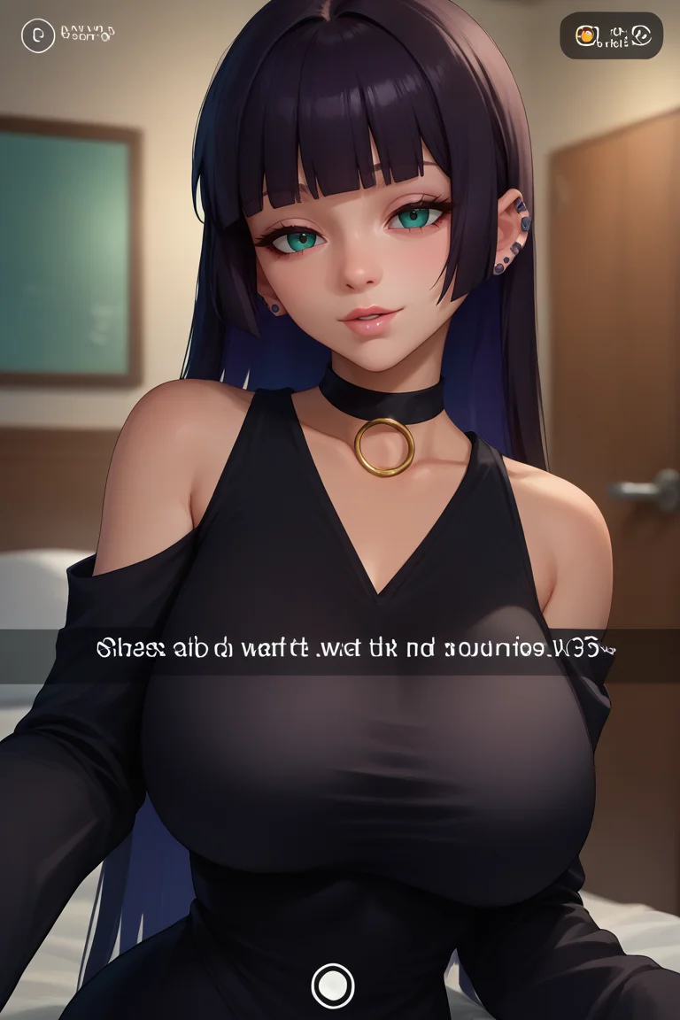 score_9, score_8_up, score_7_up, BREAK, 1girl, solo, breasts, <lora:snapchat-guy-PONYv1:1>, snapchat, <lora:Hoseki_BTR_Pasan_PDXL_v1:1> pasan, large breasts, ear piercing, chin piercing, hime cut, choker, black dress, shoulder cutout, sleeves past fingers