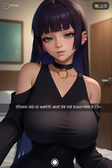 score_9, score_8_up, score_7_up, BREAK, 1girl, solo, breasts,  <lora:snapchat-guy-PONYv1:1>, snapchat, <lora:Hoseki_BTR_Pasan_PDXL_v1:1> pasan, large breasts, ear piercing, chin piercing, hime cut, choker, black dress, shoulder cutout, sleeves past fingers