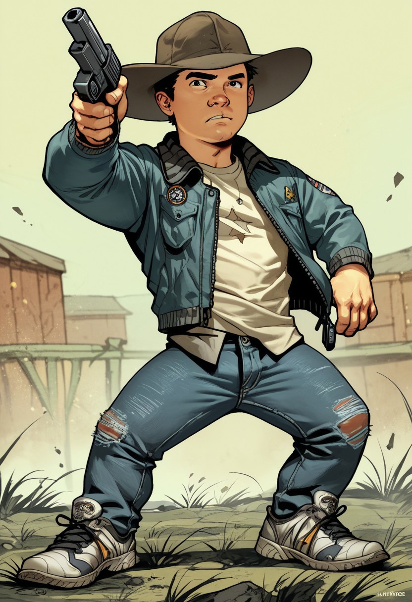 score_9, score_8_up, score_7_up, masterpiece-level, highly detailed, carlgrimescomic, 1boy, solo, male focus, front view, hat, cap, gun, denim, jacket, black eye, black hair, shoes
