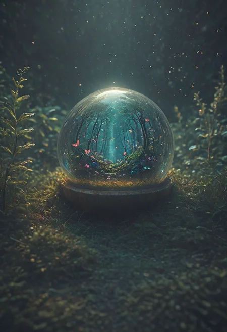 photography,(vibrant colors:0.8),
a fantastic landscape at night covered in magical plantlife, everthing contained in a glass sphere sitting on a desk, desk, small bright fairies, bright butterflies, bioluminescent trees, novuschroma03 style
(quantum waveform:0.7)
