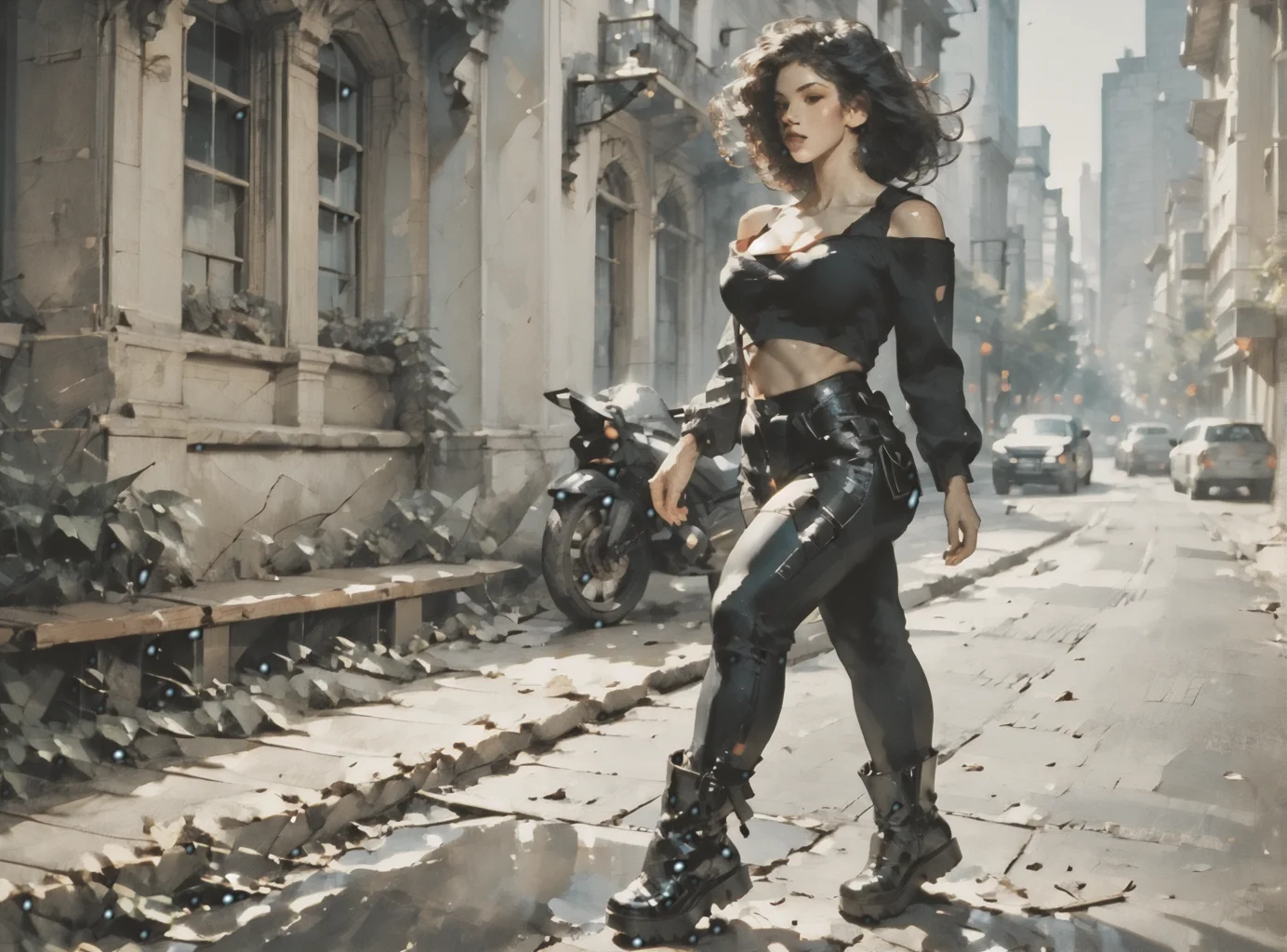 score_9, score_8_up, score_7_up, character in profile, walking, looking at surroundings, woman, pale skin, huge breasts, <lora:sm0k3XLP:1>, <lora:goth_clothes:1>, black crop top, black platform boots, Shoulder length hair, unnatural haircolor, <lora:aleriia:1>, <lora:Dark_Retro_Scifi_Aesthetic:1>,