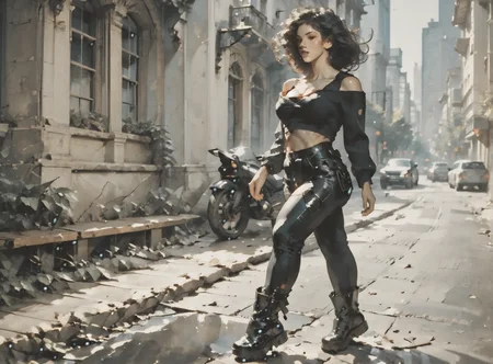 score_9, score_8_up, score_7_up, character in profile, walking, looking at surroundings, woman, pale skin, huge breasts, <lora:sm0k3XLP:1>, <lora:goth_clothes:1>, black crop top, black platform boots, Shoulder length hair, unnatural haircolor, <lora:aleriia:1>, <lora:Dark_Retro_Scifi_Aesthetic:1>,