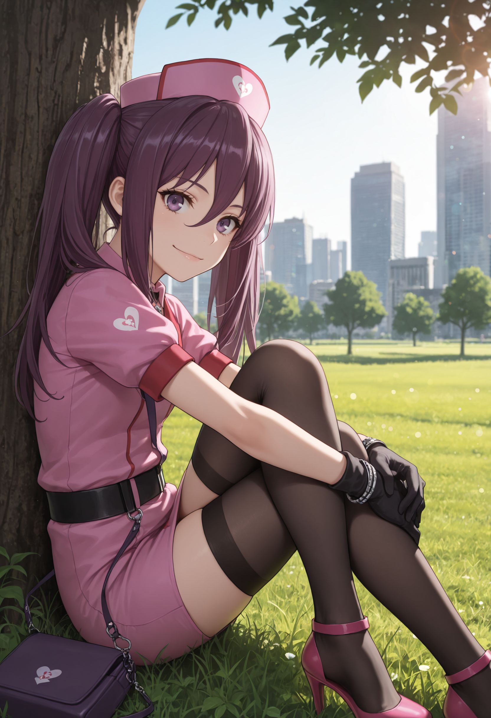 masterpiece,best quality,absurdres,highres,very aesthetic,high quality,detailed,insanely detailed,beautiful,perfect lighting, ,depth of field,blurry background,bokeh
very aesthetic, , very awa  , sitting, grass, hugging own legs, looking at viewer, from side, tree, field, city
, crossed legs, , sitting, , building, sky, outdoors, smile, looking at viewer, day, skyscraper, city, lens flare  <lora:Mitori Kouzaku illu V2:1> 1girl, twintails, purple hair, long hair, hair between eyes, purple eyes, hat, nurse cap, black gloves, jewelry, bracelet, dress, belt, short sleeves, black thighhighs, zettai ryouiki, high heels, handbag,