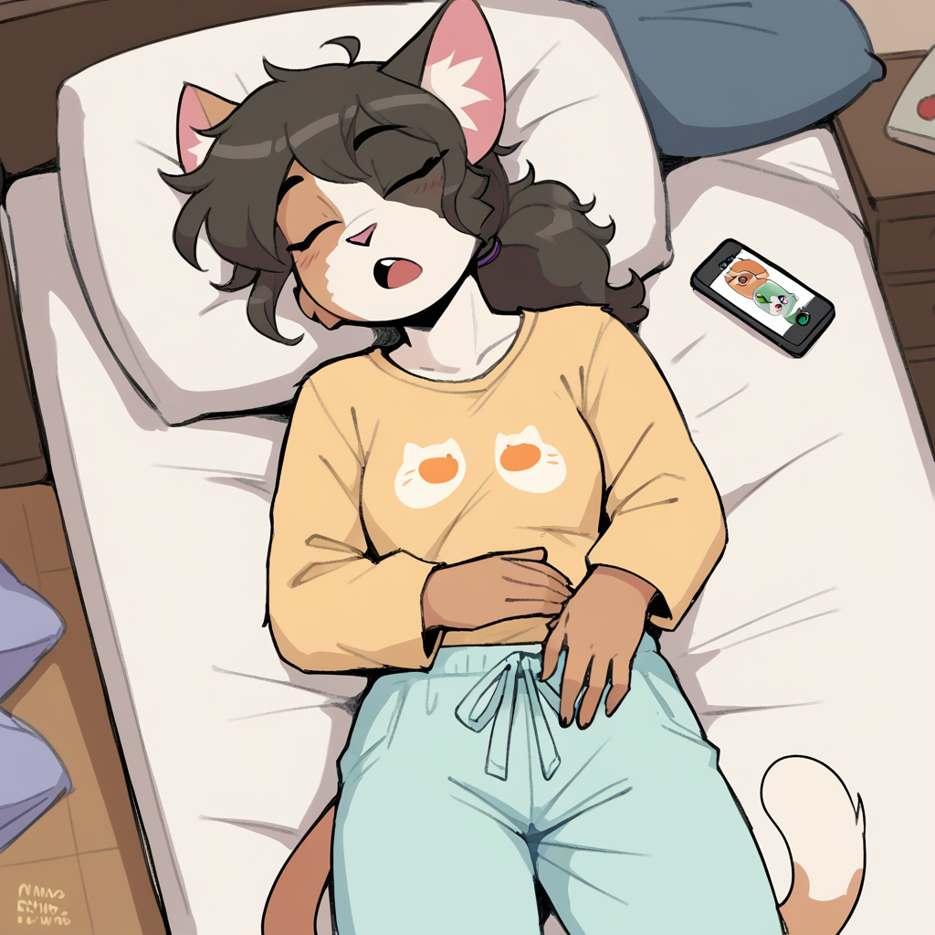 score_9_up, score_8_up, score_7_up, score_6_up, furry female, calliope kyatto, cat, calico cat, female, furry, ponytail, green eyes, dark hair, pajamas, pajama pants, sleeping, eyes closed, smartphone, messy hair, bed, on bed, open mouth,  bedroom, snoring, white socks, solo, on back, slim, head tilt, head turned, high-angle view,   <lora:Leah_Pines(AIM)_XL_v1:0.75>, <lora:PDXL_artist_tags_v2_big:0.8> <lora:The-Minuscule-Task_PDXL_v1.0:0.8>  <lora:Calliope_Kyatto_427Deer:0.75>
