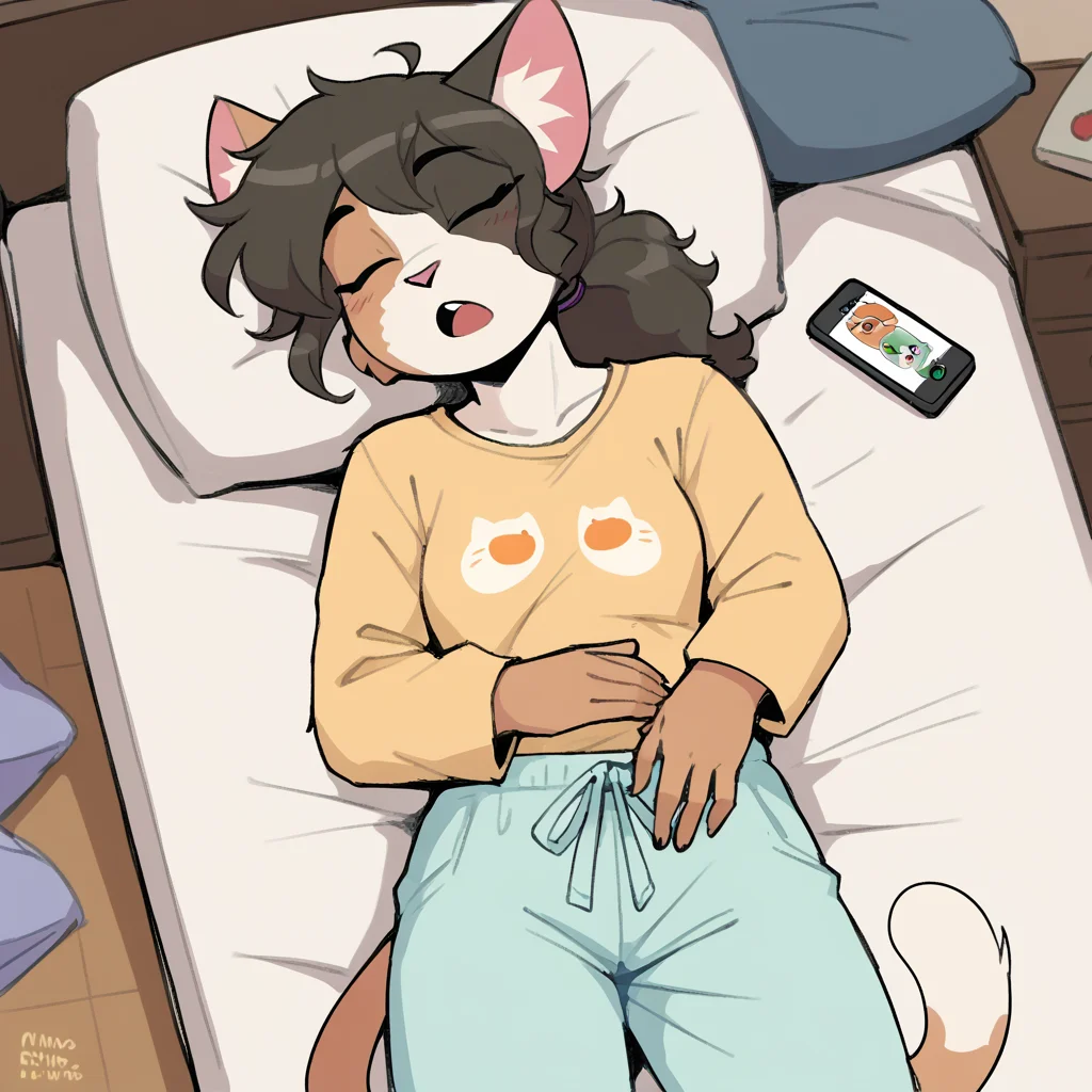 score_9_up, score_8_up, score_7_up, score_6_up, furry female, calliope kyatto, cat, calico cat, female, furry, ponytail, green eyes, dark hair, pajamas, pajama pants, sleeping, eyes closed, smartphone, messy hair, bed, on bed, open mouth, bedroom, snoring, white socks, solo, on back, slim, head tilt, head turned, high-angle view, <lora:Leah_Pines(AIM)_XL_v1:0.75>, <lora:PDXL_artist_tags_v2_big:0.8> <lora:The-Minuscule-Task_PDXL_v1.0:0.8> <lora:Calliope_Kyatto_427Deer:0.75>