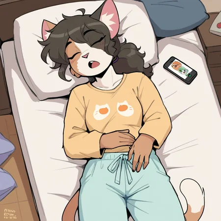 score_9_up, score_8_up, score_7_up, score_6_up, furry female, calliope kyatto, cat, calico cat, female, furry, ponytail, green eyes, dark hair, pajamas, pajama pants, sleeping, eyes closed, smartphone, messy hair, bed, on bed, open mouth, bedroom, snoring, white socks, solo, on back, slim, head tilt, head turned, high-angle view, <lora:Leah_Pines(AIM)_XL_v1:0.75>, <lora:PDXL_artist_tags_v2_big:0.8> <lora:The-Minuscule-Task_PDXL_v1.0:0.8> <lora:Calliope_Kyatto_427Deer:0.75>