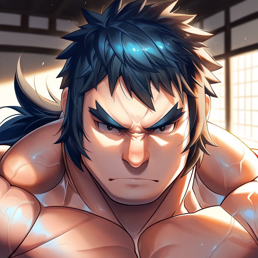 safe_pos, safe_pos, source_anime, detailed background, (score_9, score_8_up, score_7_up), zoroj, masterpiece, best quality, high quality, ultra detailed, highly detailed, high detail, artistic lighting, (highly detailed face, (perfect face, perfect eyes)), depth of field, perfect soft lighting, best shadows, perfect reflections, volumetric, detailed image, high resolution, defined faces, sharp definition,

solo, 1boy, male focus, Bruno, black eyes, black hair, long hair, low ponytail, no shirt, musclebears, muscular male, bara, hyper muscles, veiny muscles,

dojo, ((((face shot)))), looking at viewer,