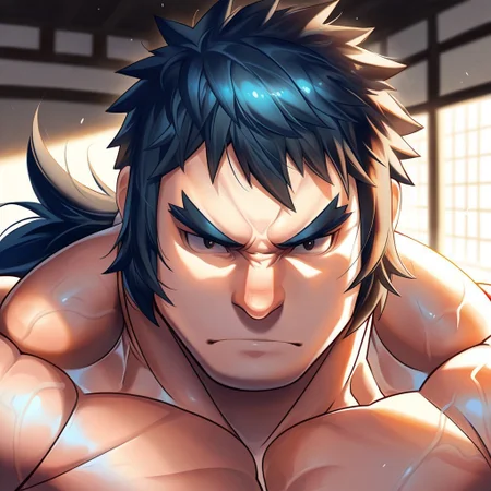 safe_pos, safe_pos, source_anime, detailed background, (score_9, score_8_up, score_7_up), zoroj, masterpiece, best quality, high quality, ultra detailed, highly detailed, high detail, artistic lighting, (highly detailed face, (perfect face, perfect eyes)), depth of field, perfect soft lighting, best shadows, perfect reflections, volumetric, detailed image, high resolution, defined faces, sharp definition,
solo, 1boy, male focus, Bruno, black eyes, black hair, long hair, low ponytail, no shirt, musclebears, muscular male, bara, hyper muscles, veiny muscles,
dojo, ((((face shot)))), looking at viewer,