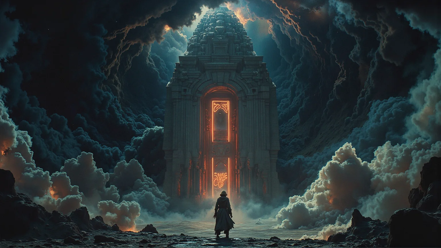 A figure stands at the edge of a vast, starry expanse, gazing directly into the camera with an unwavering determination. The background dissolves into a swirling vortex of dark, menacing clouds, as if reality itself is unraveling. Neon lights flicker and pulse, casting an otherworldly glow across the scene. The air is heavy with an eerie, dreamy atmosphere, reminiscent of a bygone era's cinematic magic.  As the eye travels upward, it becomes apparent that the figure is actually standing within a massive, ancient temple, its walls adorned with intricate, glowing hierog, <lora:Flux_Turbo_Alpha.safetensors:1.0> <lora:sxz-Vintage-Fantasy-Flux.safetensors:0.8> cinematic vintage fantasy, vntgfnts style <lora:flux.1_lora_flyway_Epic-detail_v2.safetensors:0.4> epic gorgeous details