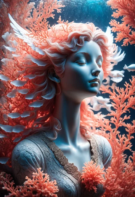 A statue of a angel who prayed with coral hair underwater, ocean floor, Award winning, trending on ArtStation, (intricate details, masterpiece, best quality), (Use Dream Diffusion Secret Prompt), (Framed 3D), UHD, serene atmosphere, epic, majestic, otherworldly scenery