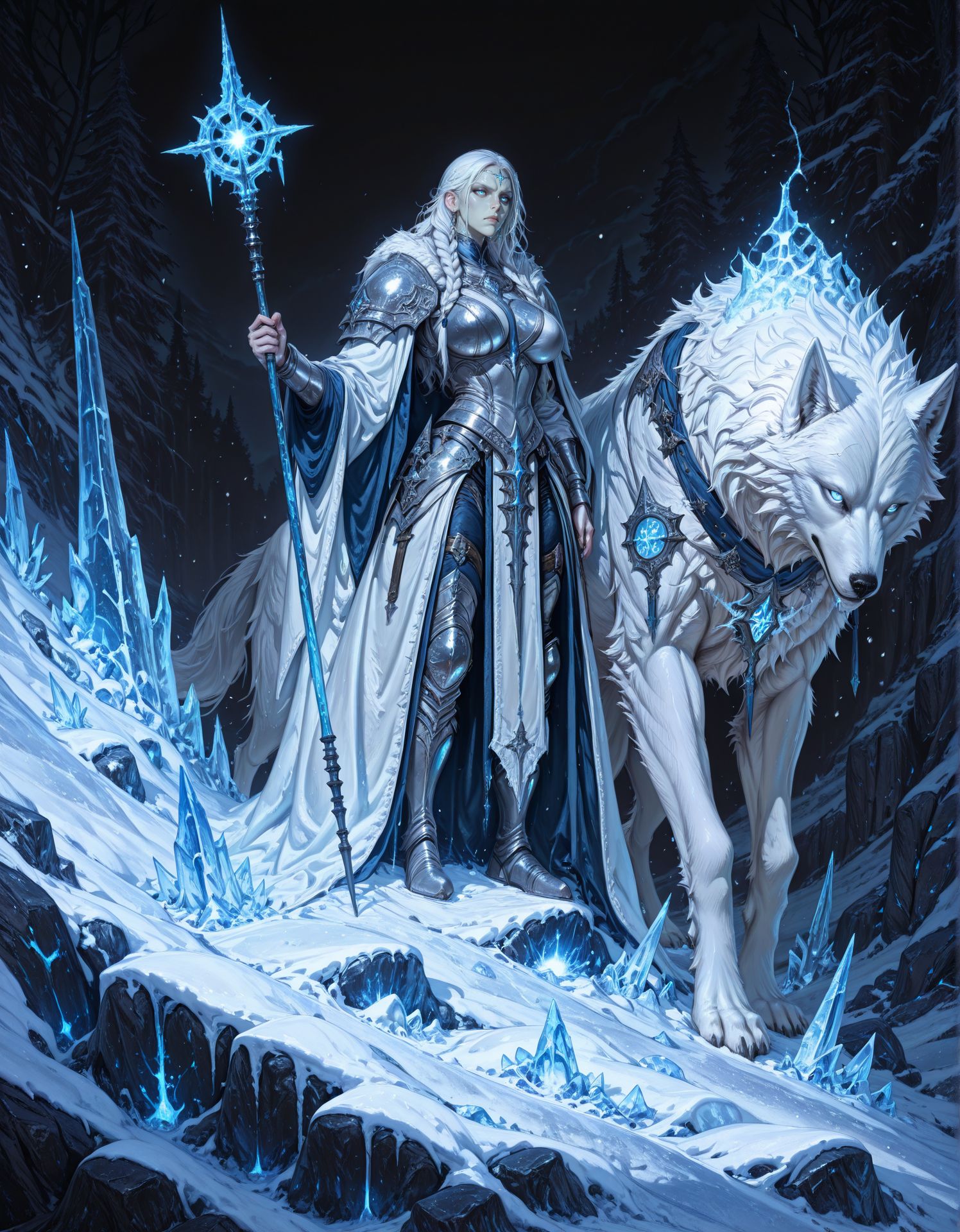 masterpiece, best quality,high quality, newest, highres,8K,HDR,absurdres, 1girl, white hair, long hair, braids, pale skin, blue eyes, silver armor, intricate armor, glowing runes, staff, blue glowing staff, wolf, white wolf, fit, witch, large breasts, fit, skinny, magical, ice, snow, rocky background, dark background, icy textures, snow-covered rocks, mystical, powerful, regal, medieval fantasy, high fantasy, detailed, realistic style, fantasy character, glowing effects, fantasy setting, ice magic, snow-covered landscape, standing, holding staff, serious expression, intricate design, fantasy creature, winter scene
 <lora:iLLMythG0thicL1nes:1> G0thicL1nes