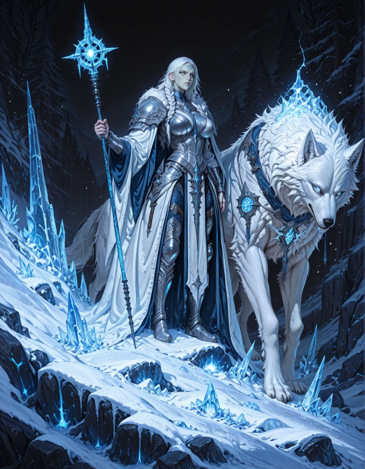 masterpiece, best quality,high quality, newest, highres,8K,HDR,absurdres, 1girl, white hair, long hair, braids, pale skin, blue eyes, silver armor, intricate armor, glowing runes, staff, blue glowing staff, wolf, white wolf, fit, witch, large breasts, fit, skinny, magical, ice, snow, rocky background, dark background, icy textures, snow-covered rocks, mystical, powerful, regal, medieval fantasy, high fantasy, detailed, realistic style, fantasy character, glowing effects, fantasy setting, ice magic, snow-covered landscape, standing, holding staff, serious expression, intricate design, fantasy creature, winter scene
<lora:iLLMythG0thicL1nes:1> G0thicL1nes