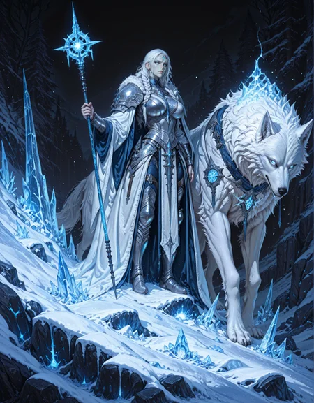 masterpiece, best quality,high quality, newest, highres,8K,HDR,absurdres, 1girl, white hair, long hair, braids, pale skin, blue eyes, silver armor, intricate armor, glowing runes, staff, blue glowing staff, wolf, white wolf, fit, witch, large breasts, fit, skinny, magical, ice, snow, rocky background, dark background, icy textures, snow-covered rocks, mystical, powerful, regal, medieval fantasy, high fantasy, detailed, realistic style, fantasy character, glowing effects, fantasy setting, ice magic, snow-covered landscape, standing, holding staff, serious expression, intricate design, fantasy creature, winter scene
 <lora:iLLMythG0thicL1nes:1> G0thicL1nes