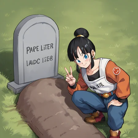 score_9, score_8_up, score_7_up, score_6_up, score_5_up, score_4_up, zPDXL2,source_anime,rating_questionable, Pan From Dragon Ball Gt , peace sign, <lora:Oliver_Queens_Grave_Meme:0.8> oll13gr4v3, grass, squatting, tombstone