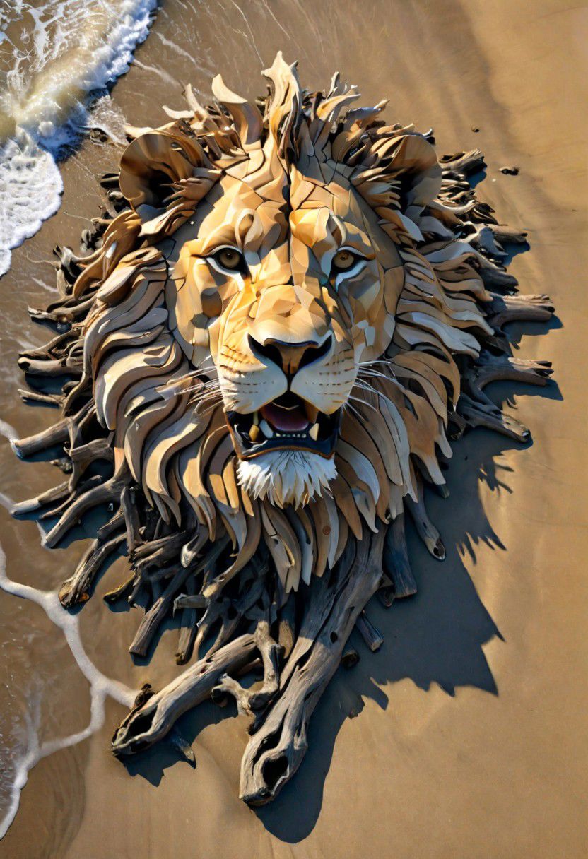 (drift wood washes up on the shore, all the tiny parts of drift wood form together to create a perfect  shape of a male lion lying on the shore), abstract, 3d render, strong, insanely intricate details, (masterpiece), breathtaking natures art work