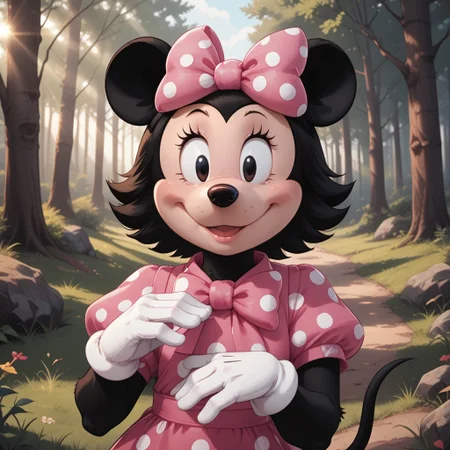 score_9, score_8, BREAK, solo, Minnie Mouse, mouse ears, thin black mouse tail, black fur, white gloves, pink bow with white polka dots on head, black eyes, long eyelashes, black nose, black fur body, cream colored face, self portrait, smile, looking at viewer, outdoors, sunlight, shadows, evening lighting, natural lighting, forest, trees, grass, orange sky, sunset