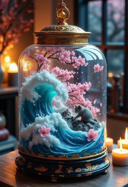 surreal, hyper-detailed, aidmamj6.1,
A surreal and intricately designed glass terrarium containing a self-contained sakura blossoms tempest, where a legendary cat battles against towering waves frozen in time. The blossoms
are masterful interplay of cerulean pink and foamy whites, captured in exquisite motion as it collides with jagged rocks emerging from the depths. The ornate golden lid of the terrarium glistens under the dim candlelight of a mystical setting, as condensation trickles down its pristine surface, blurring the line between reality and illusion. The entire composition radiates a timeless elegance, evoking a sense of adventure and artistry in a single suspended moment.
<lora:aidmaMJ6.1-FLUX-v0.5:0.7000000000000001> <lora:FluxDFaeTasticDetails:0.3>