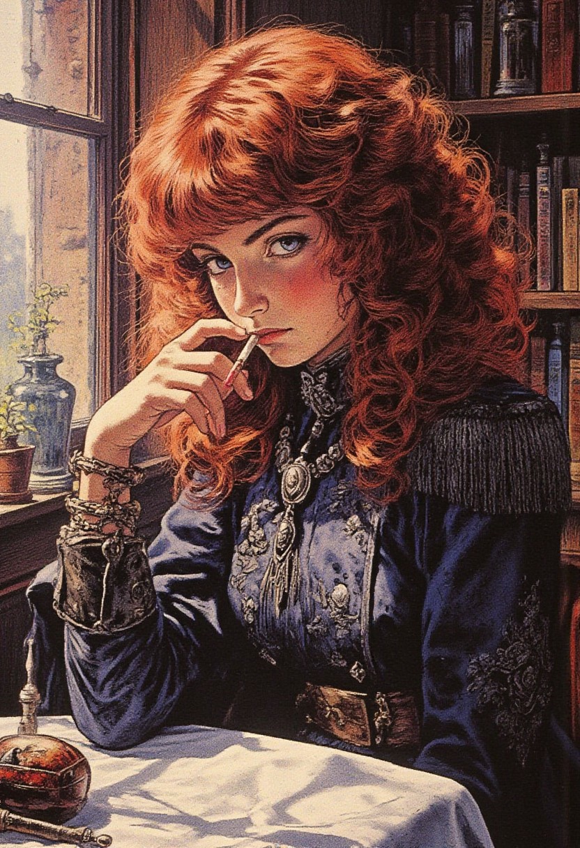 A girl with shoulder-length curly red hair is sitting at a table and smoking a cigarette. She stares intently at the camera. One of her eyes is covered with hair, and the other is purple in color. She is wearing a dark blue military uniform. the passage describes a highly detailed and ethereal side-profile portrait of. full body shot, masterpiece, best quality, 1girl, extremely beautiful, medium large breasts, slender body, curvy, wearing nordic clothes, mystic jewelry, model pose, perfect composition