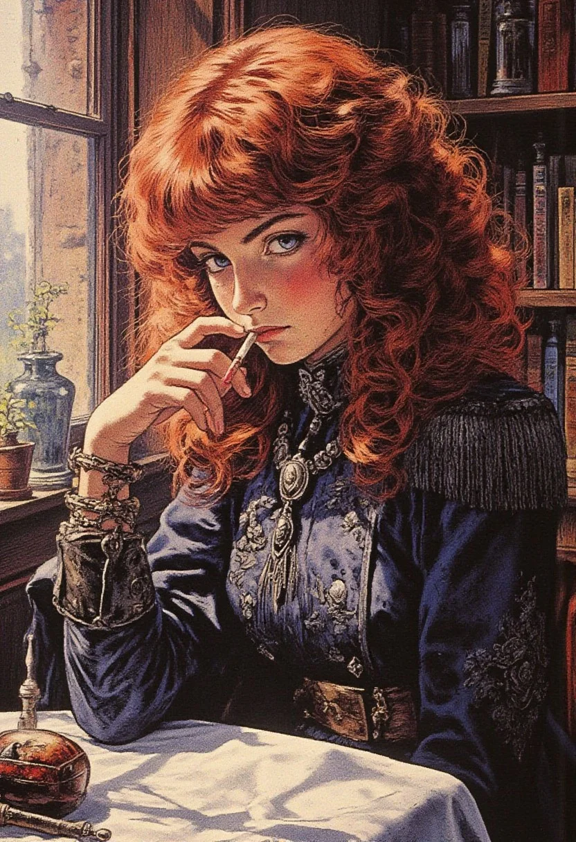 A girl with shoulder-length curly red hair is sitting at a table and smoking a cigarette. She stares intently at the camera. One of her eyes is covered with hair, and the other is purple in color. She is wearing a dark blue military uniform. the passage describes a highly detailed and ethereal side-profile portrait of. full body shot, masterpiece, best quality, 1girl, extremely beautiful, medium large breasts, slender body, curvy, wearing nordic clothes, mystic jewelry, model pose, perfect composition
