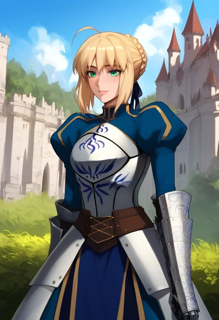 (score_9, score_8_up, score_7_up, high quality, best quality, ultra-detailed, very aesthetic, illustration, perfect composition, intricate details, absurdres, high res image, masterpiece, vibrant colors, beautiful face, detailed face, 1girl, solo focus, perfect eyes, detailed eyes), SaberArmor, female, green eyes, blonde hair, short hair, french braid, ahoge, light blush, pale skin, full lips, large thighs, perfect body, fit body, voluptuous, medium breasts, curvy body, narrow-waisted, wide hips, (breastplate, blue dress, gauntlets, juliet sleeves, faulds), (teasing expression, small smile, posing), (outdoors, castle, fantasy, medieval architecture, side shot)