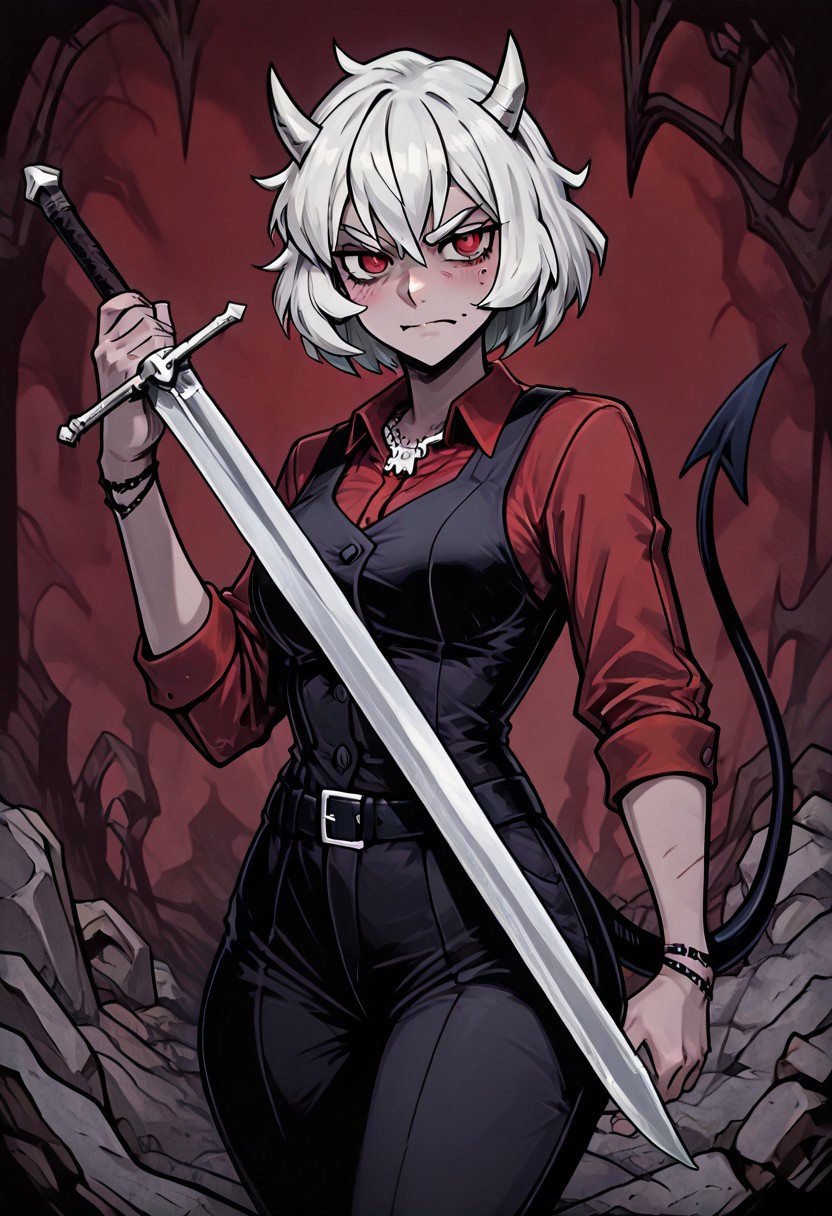 masterpiece, best quality, newest, absurdres, highres, TTCSV1.0, KMV1.0, kriegsmesser, sword, curved sword, holding, holding sword, holding weapon,
1girl, malina \(helltaker\), demon girl, short hair, white hair, horns, demon tail,