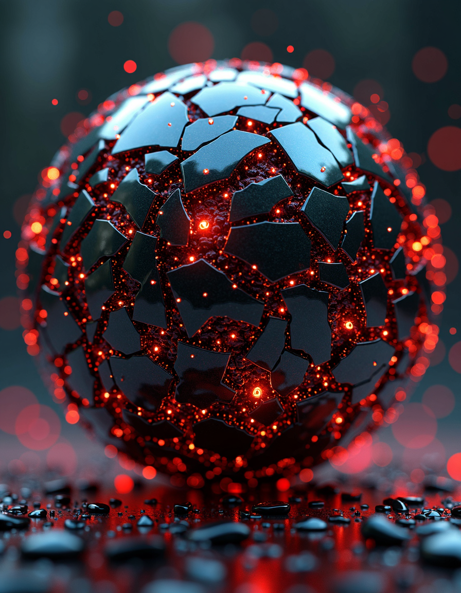 A detailed 3D render of a massive dyson sphere, the piece of the sphere is a complex mosaic of fragments, each with a distinct color: black, red, blue, and green. The pieces are broken into many tiny bits, creating a small cluster of refractions. The background is filled with countless tiny fragments, adding depth to the scene, while the large fragments in the foreground create a stark visual contrast., highly complex, enchanted, highly intricate, warm light