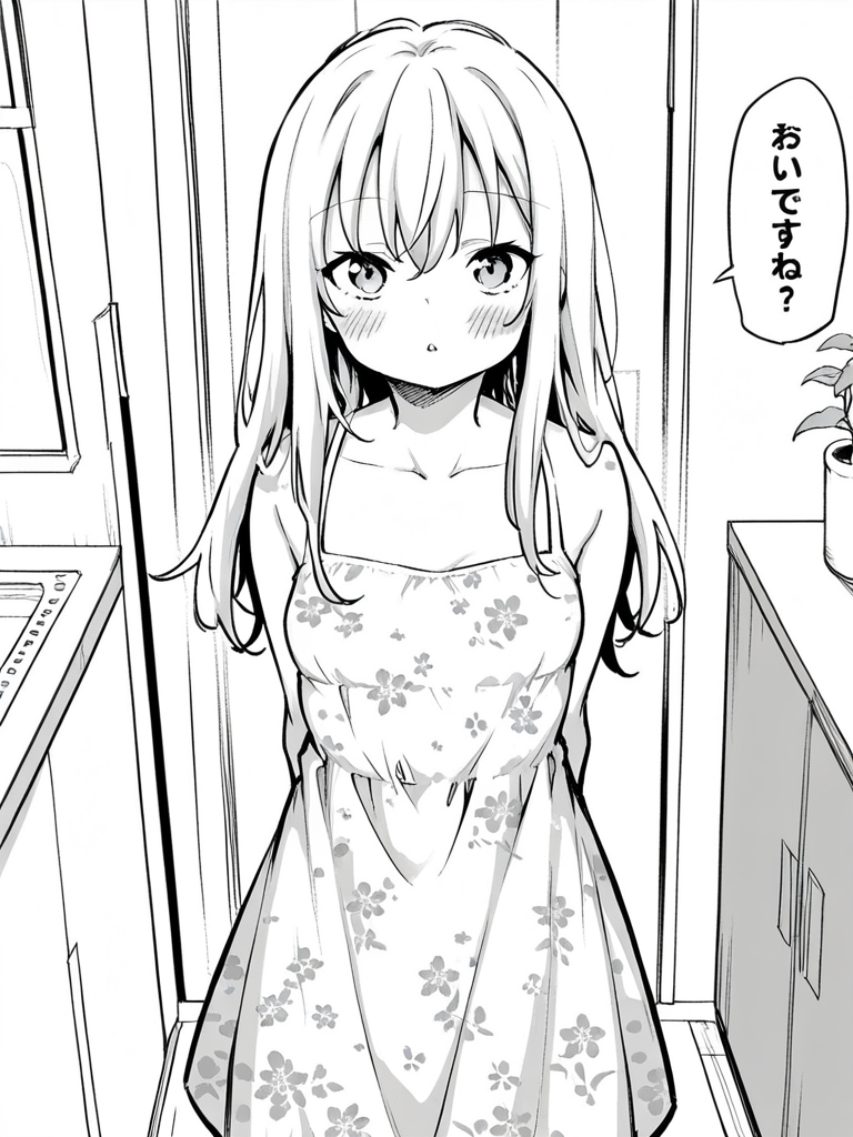 score_9, score_8_up, score_7_up,  
1girl, monochrome, white hair, long hair, small breasts,

standing, sundress, print dress, floral print, parted lips, looking at viewer , blush, arms behind back, indoors, home,