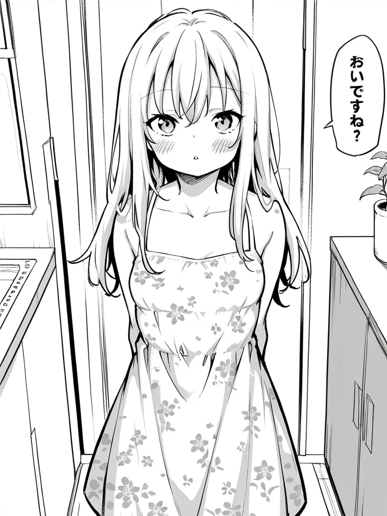 score_9, score_8_up, score_7_up,
1girl, monochrome, white hair, long hair, small breasts,
standing, sundress, print dress, floral print, parted lips, looking at viewer , blush, arms behind back, indoors, home,