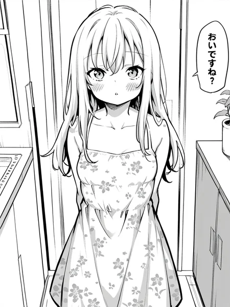 score_9, score_8_up, score_7_up,  
1girl, monochrome, white hair, long hair, small breasts,

standing, sundress, print dress, floral print, parted lips, looking at viewer , blush, arms behind back, indoors, home,